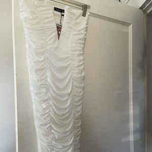 White Stretchy Sheer Ruched Strapless Dress